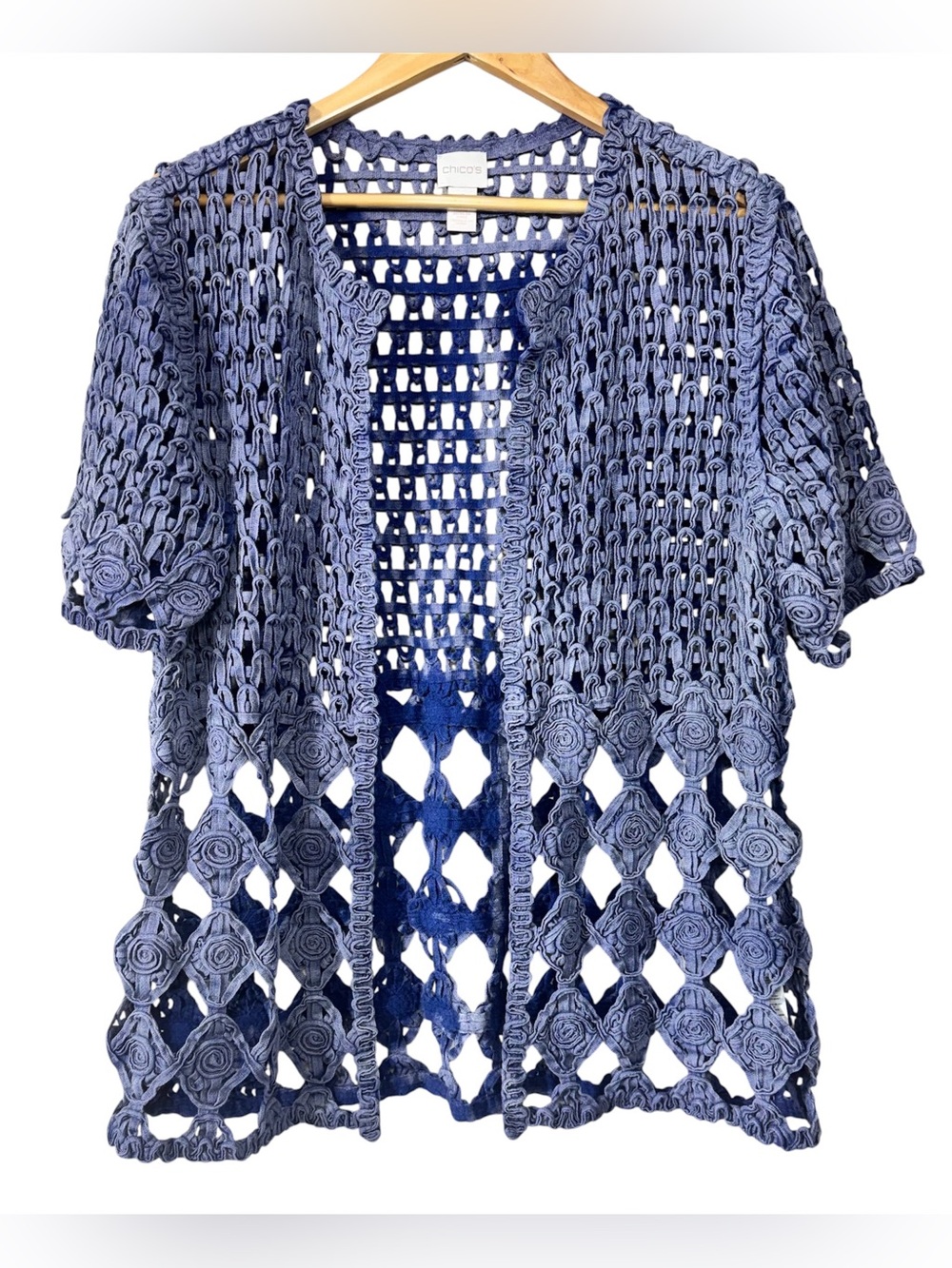 CHICO’S Sadie Soutache Crochet Open Knit Sweater Blue Cardigan Cotton Size 1-M/L